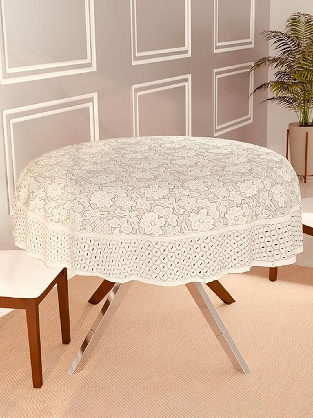 Dakshya Industries Cream Floral Round 6 Seater Table Cover