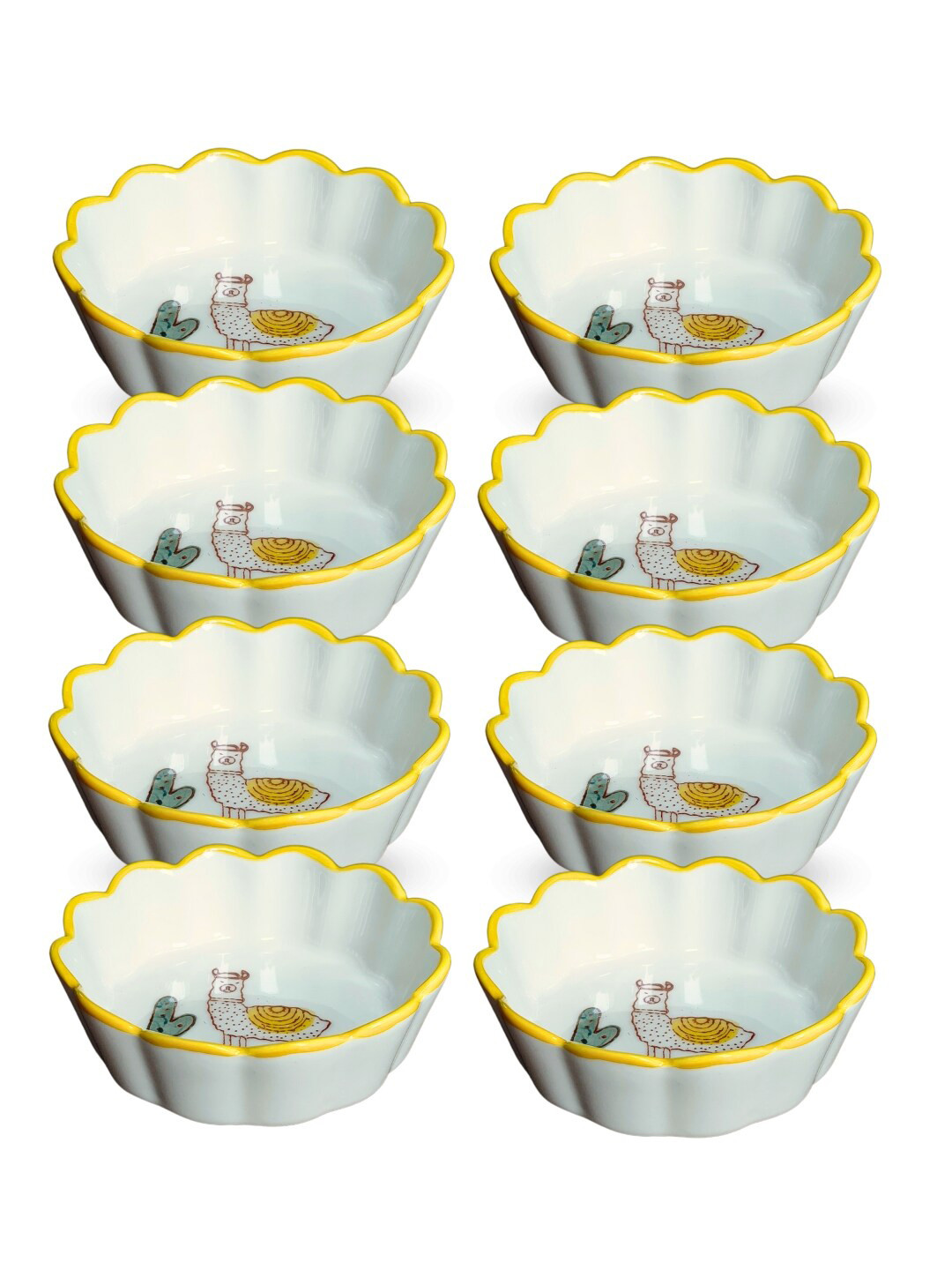 YELONA White & Lime 8 Pieces Yellow Printed Porcelain Sauce Bowls 100 Ml Each