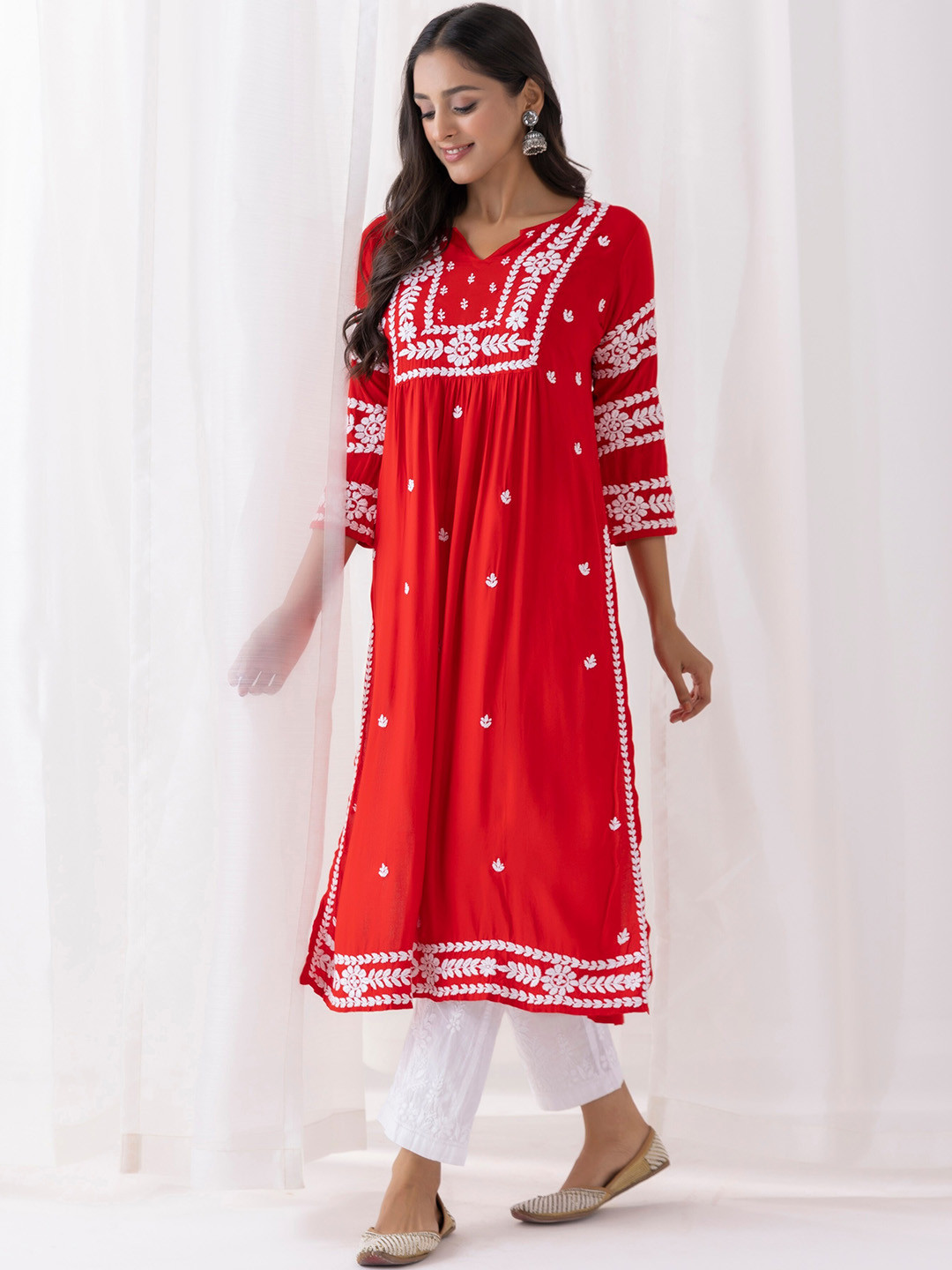 HOUSE OF KARI Printed Red Ethnic Motifs Embroidered Thread Work Detail Pleated Straight Kurta