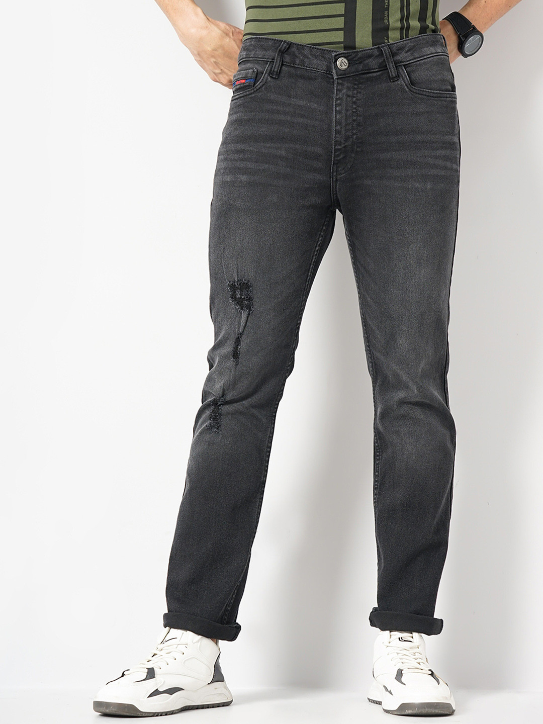 The Indian Garage Co Men Black Mid-Rise Bootcut Low Distress Heavy Fade Stretchable Jeans