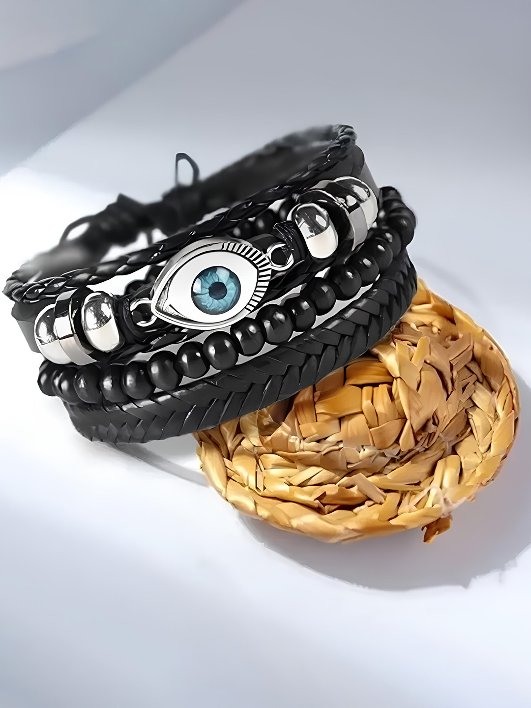 KARISHMA KREATIONS Set Of 3 Artificial Beads Evil Eye Leather Bracelets
