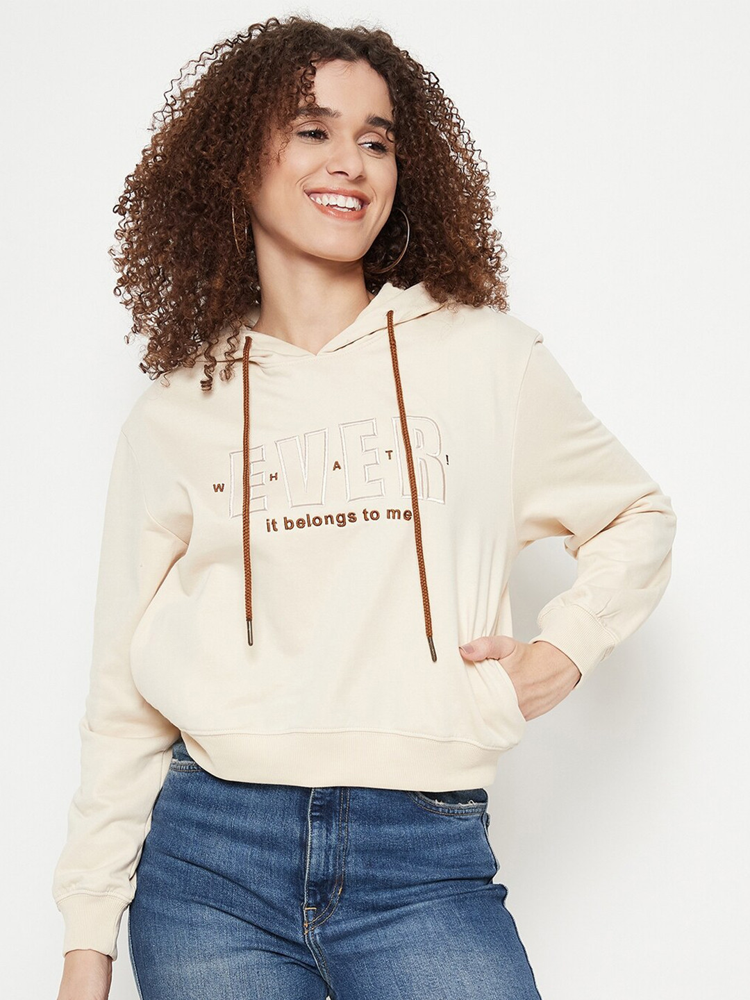 Madame Typography Printed Cotton Hooded Sweatshirt