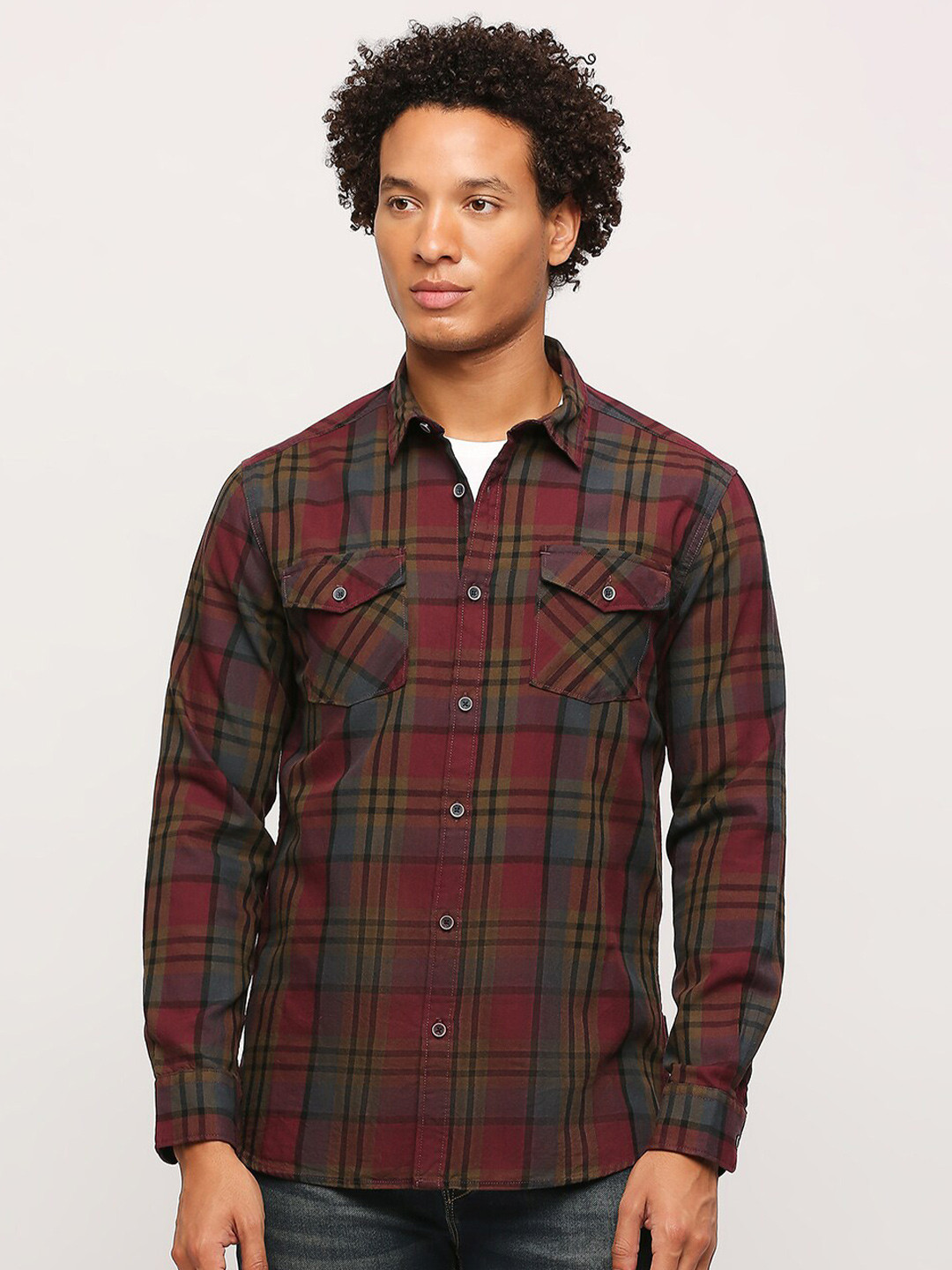 Pepe Jeans Slim Fit Checked Spread Collar Long Sleeves Pure Cotton Casual Shirt