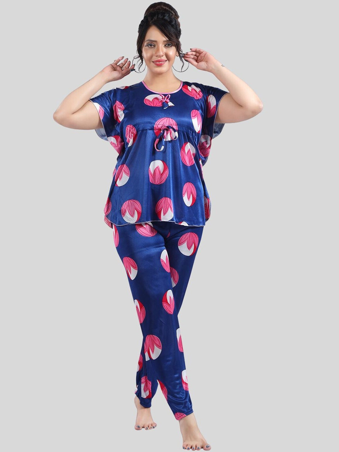 Fabme Floral Printed Short Sleeves Satin Kaftan Night Suit