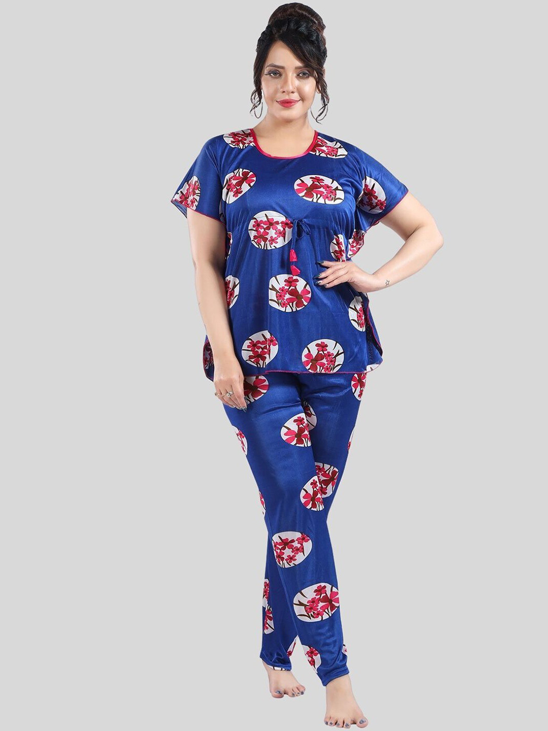 Fabme Floral Printed Satin Top With Pyjamas