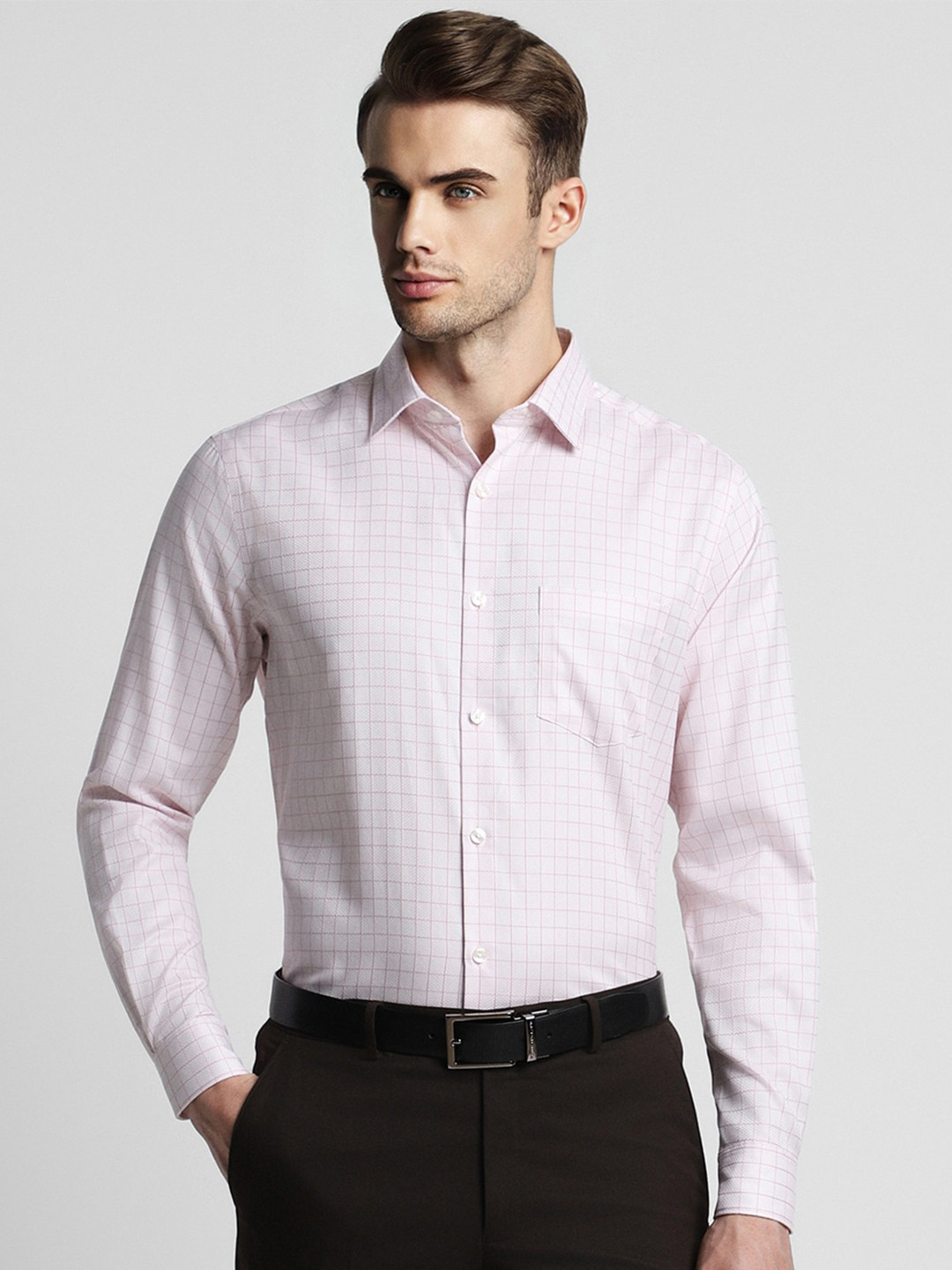 Peter England Elite Grid Tattersall Checked Cotton Opaque Formal Shirt