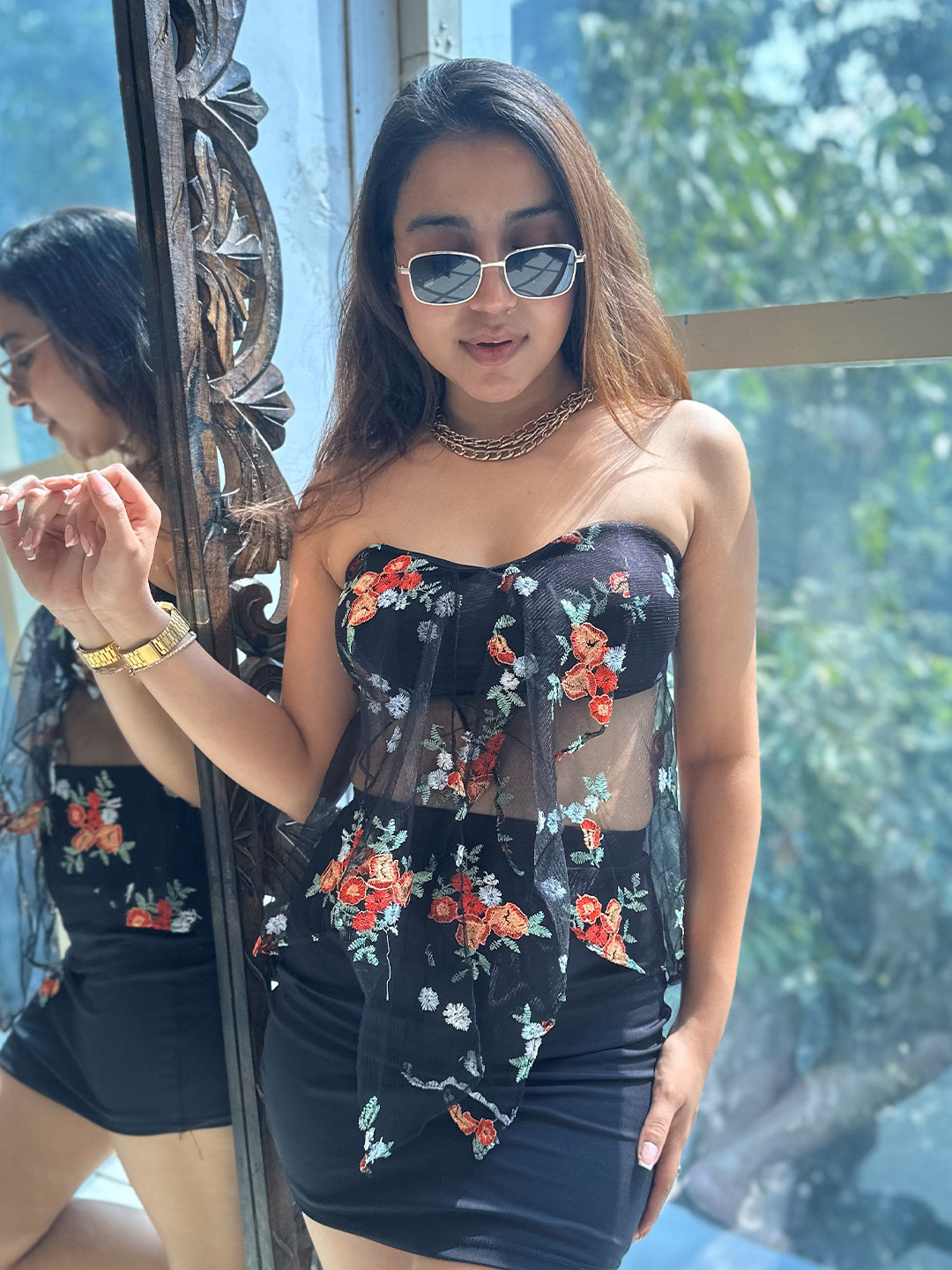 StyleAsh Floral Embroidered Sheer Net Strapless A-Line Top