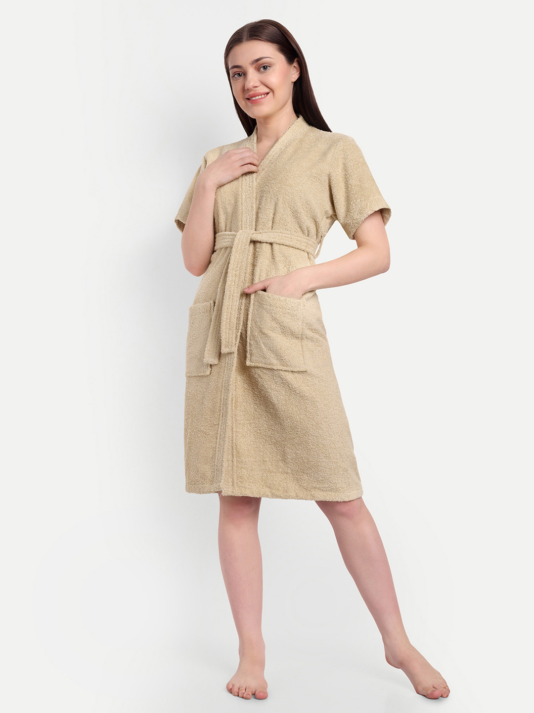 GAB Off White Solid Cotton Drawstring Knee Length Bath Robe-XL