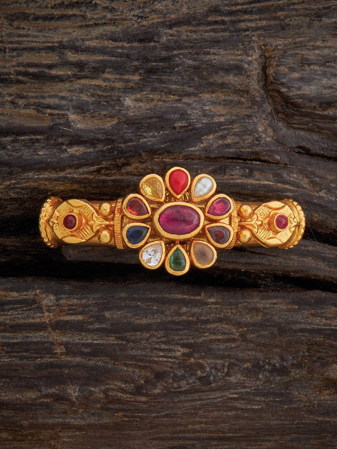Kushal's Fashion Jewellery 92.5 Pure Silver Gold-Plated Navaratna Temple Bangle Pendant