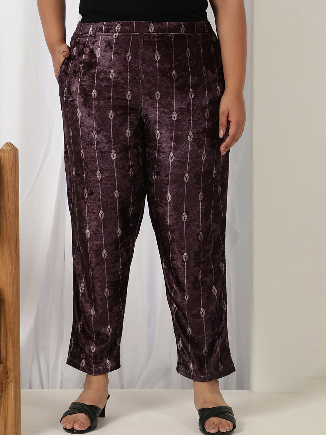 Amydus Women Plus Size Ethnic Motifs Printed Velvet Trouser