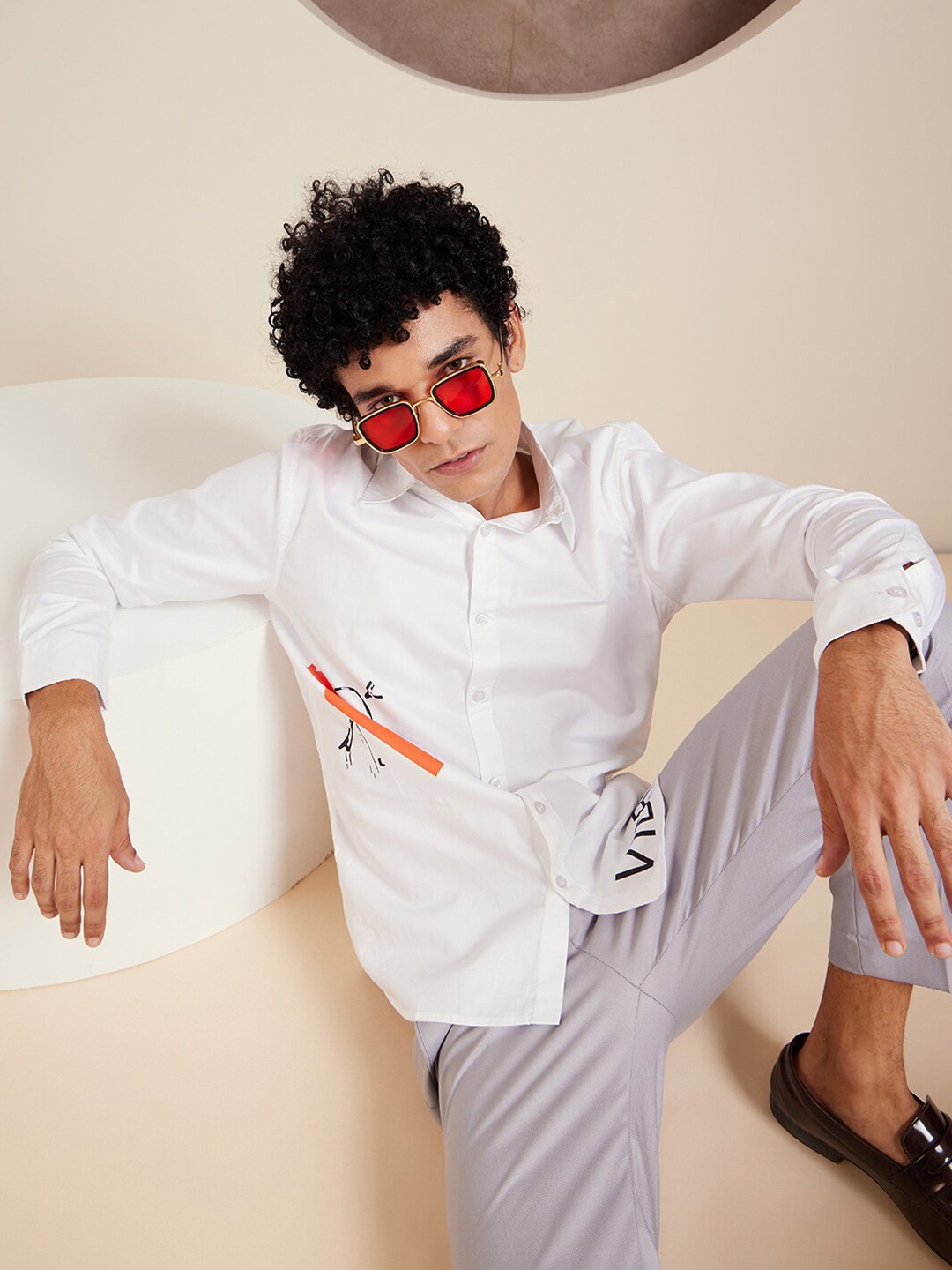 DENNISON Smart Typography Printed Spread Collar Long Sleeve Cotton Shirt