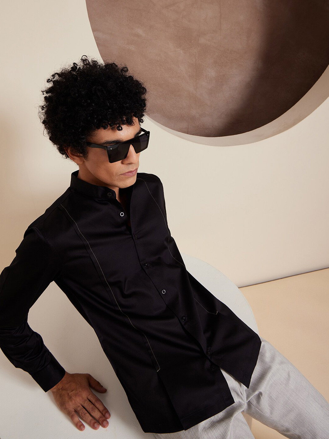 DENNISON Smart Band Collar Long Sleeve Cotton Shirt