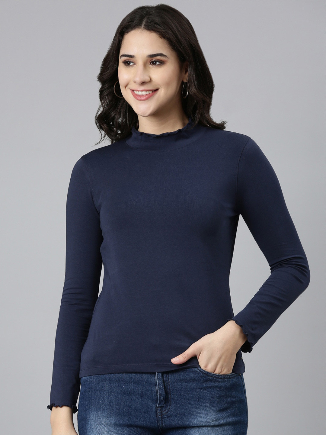 TWIN BIRDS High Neck Ribbed Casual T-Shirt
