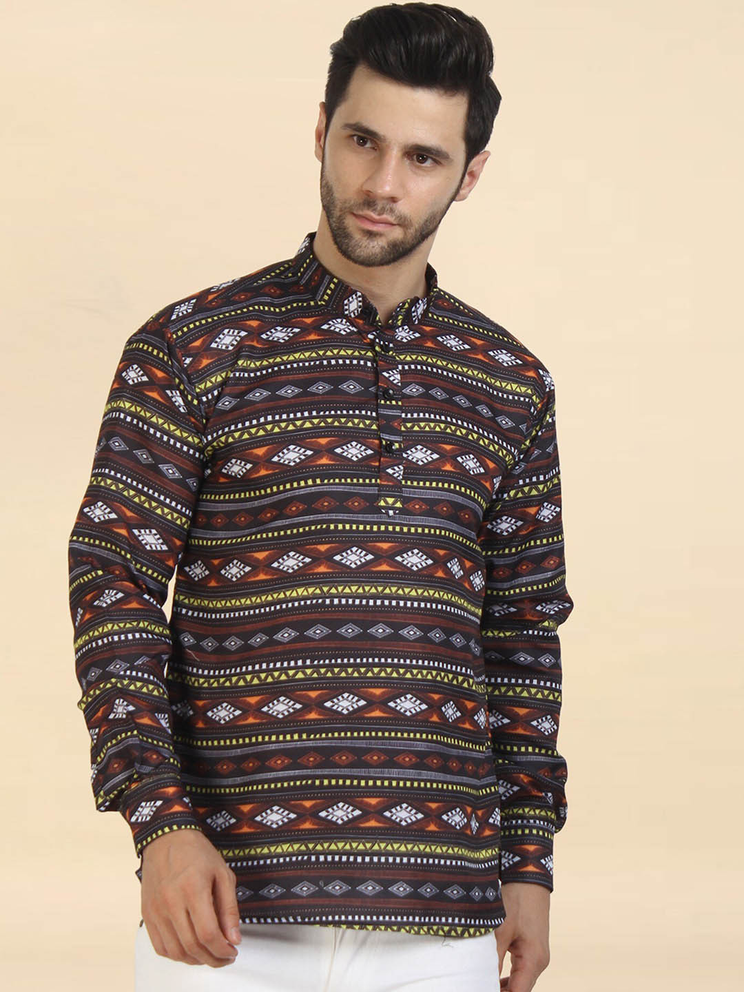 Bought First Geometric Printed Mandarin Collar Pure Cotton Short Kurta