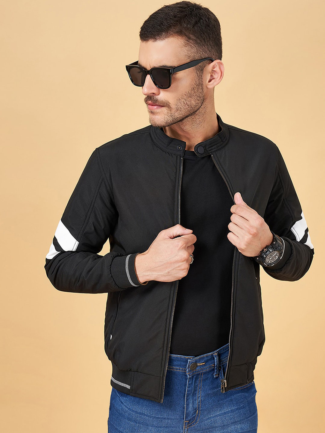 People Black Stand Collar Long Sleeves Reversible Bomber Jacket
