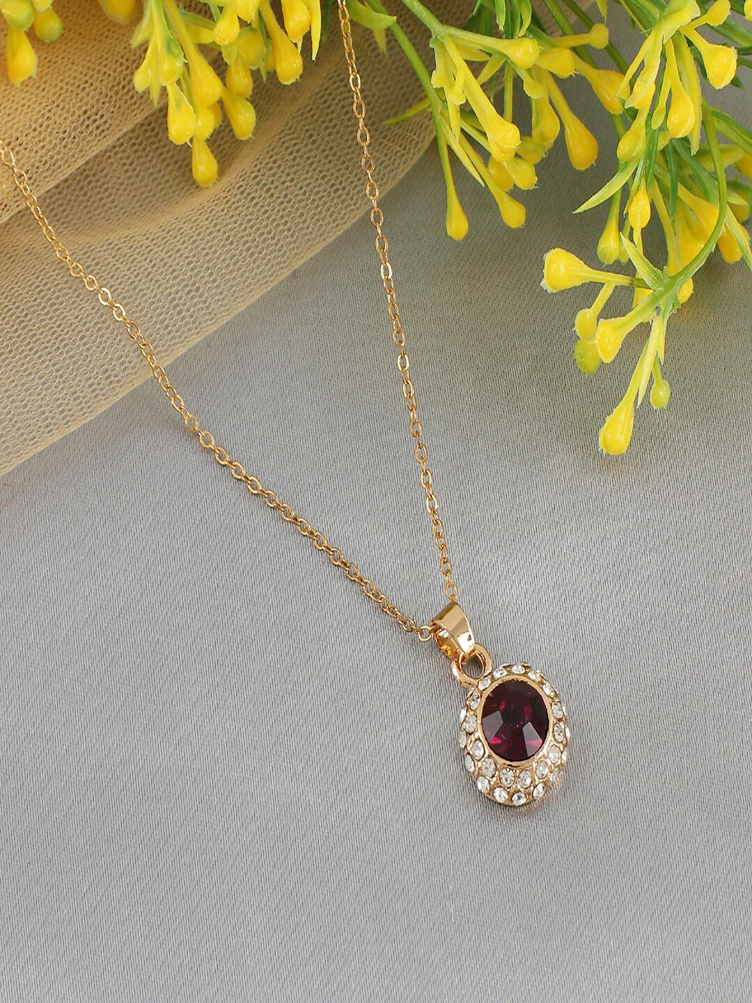 UNIVERSITY TRENDZ Gold-Plated Crystal-Studded Vintage Pendant With Chain