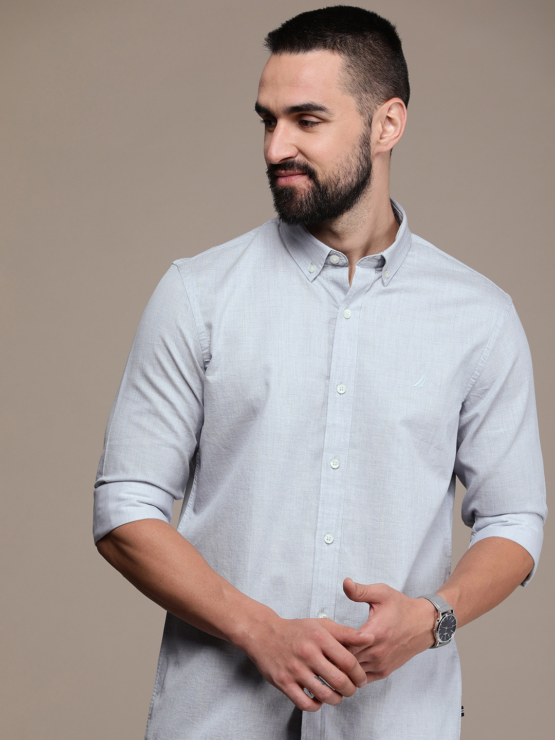 Nautica Self Design Checked Slim Fit Pure Cotton Casual Shirt