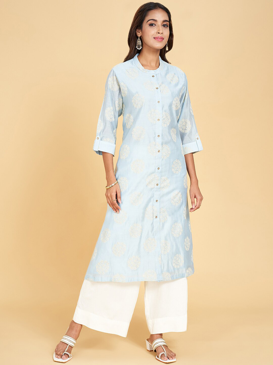 RANGMANCH BY PANTALOONS Ethnic Motifs Printed Band Collar Chanderi Silk Straight Kurta