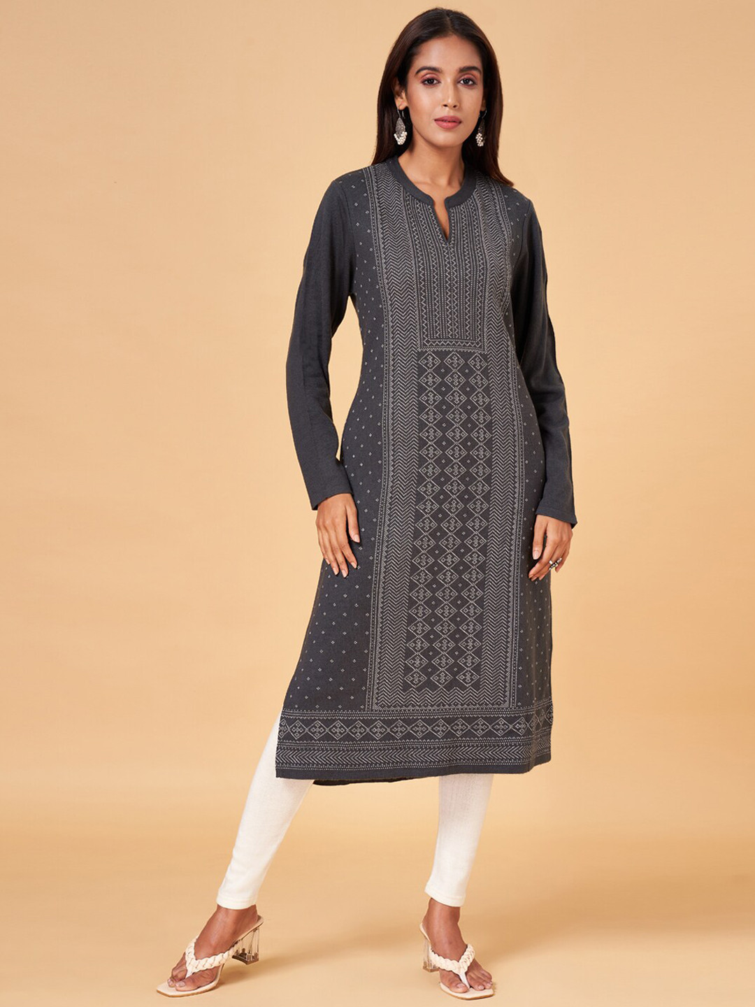 RANGMANCH BY PANTALOONS Geometric Printed Band Collar Acrylic Knitted Kurta
