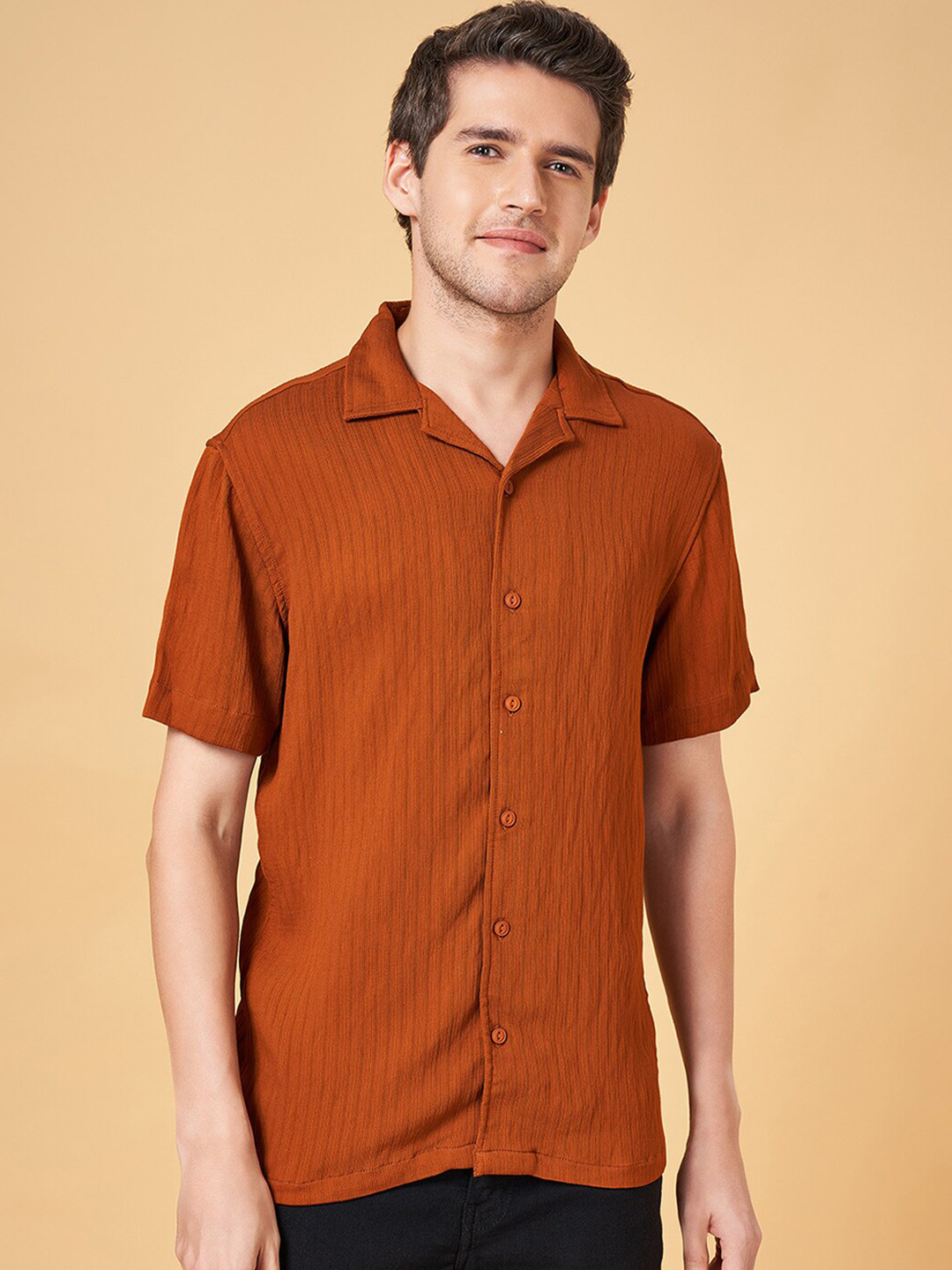 People Rust Vertical Stripes Cuban Collar Short Sleeves Casual Shirt