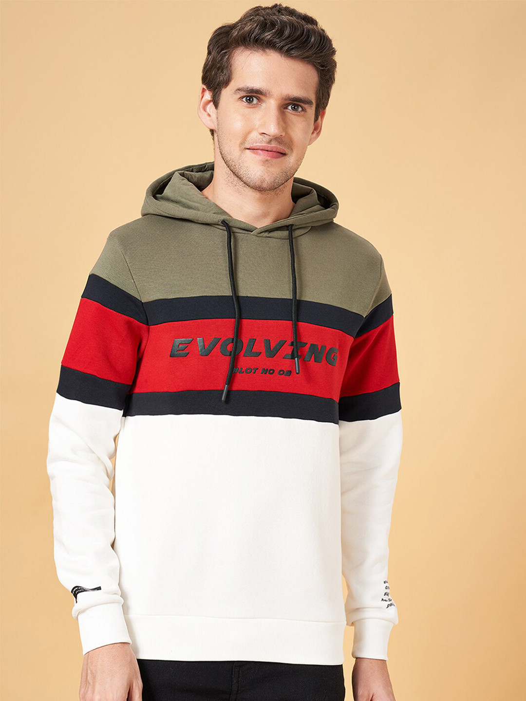 People Off White Colourblocked Hooded Pullover Sweatshirt