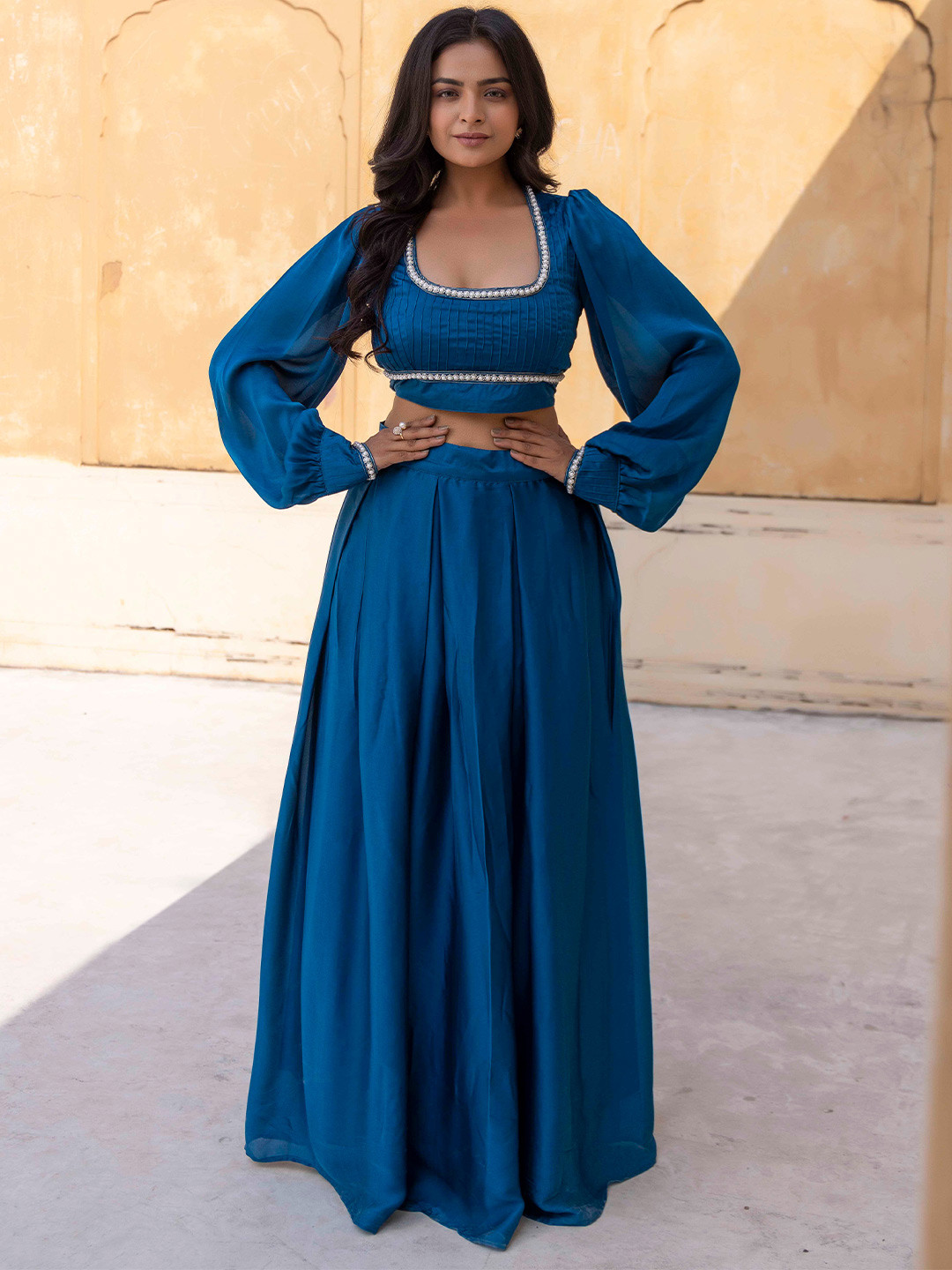 Ragavi Scoop Neck Puffed Sleeves Beads and Stones Detail Ready to Wear Lehenga &