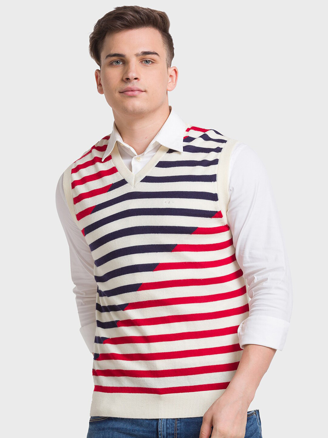 ColorPlus Striped V-Neck Sleeveless Sweater Vest