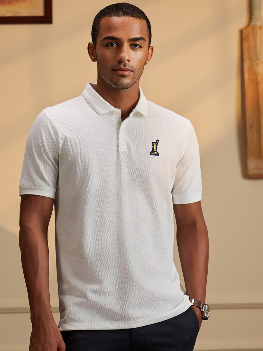 Peter England Casuals Men White Cricket Inspired Cotton Polo T-Shirt
