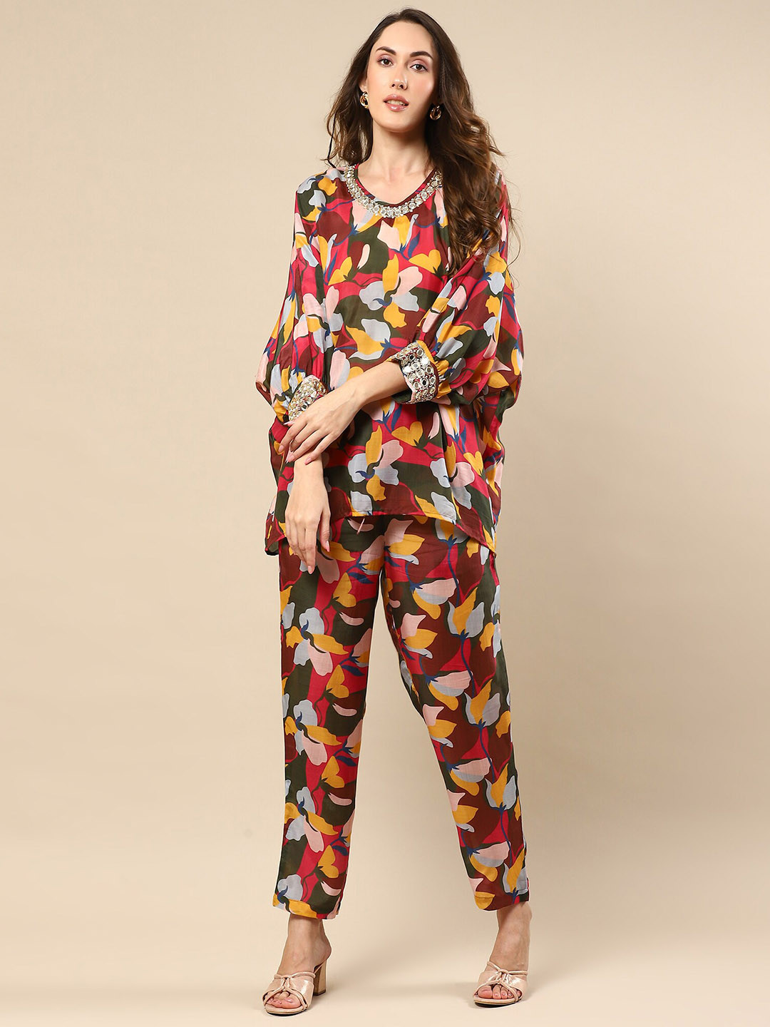 NH KAPDEWALA Floral Printed Mirror Work Top & Trousers