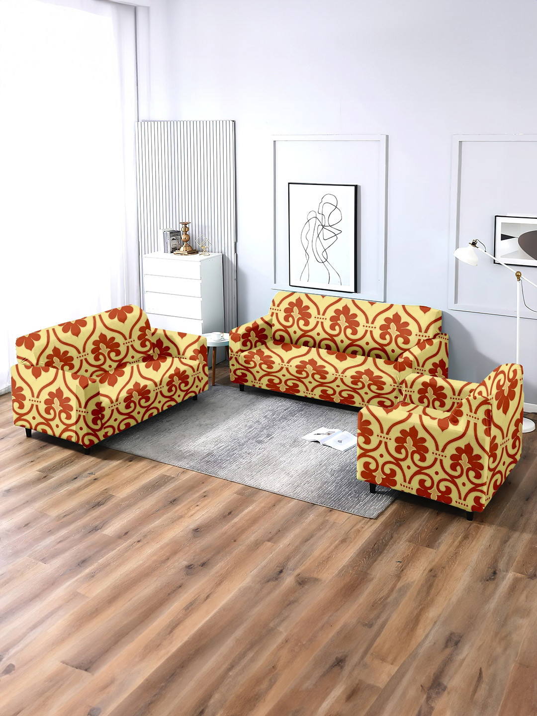 Cortina 3 Pcs Yellow & Orange Printed Stretchable Sofa Cover