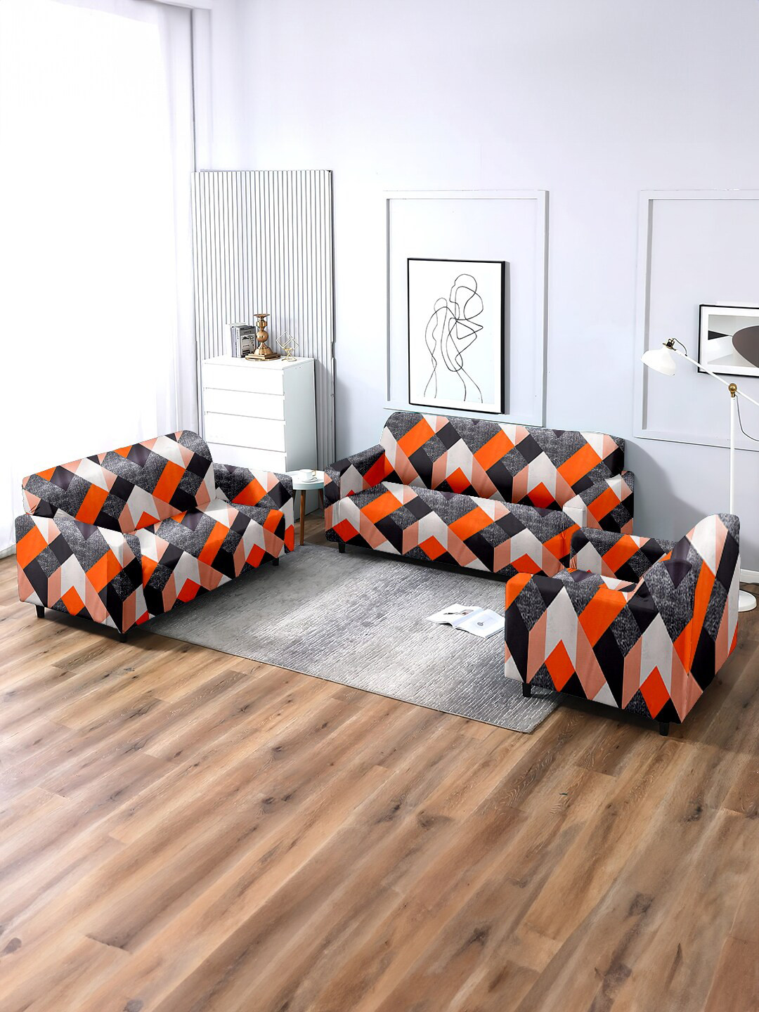 Cortina Orange Coloured 3 Pieces Printed One & Three Seater Skirt Sofa Covers