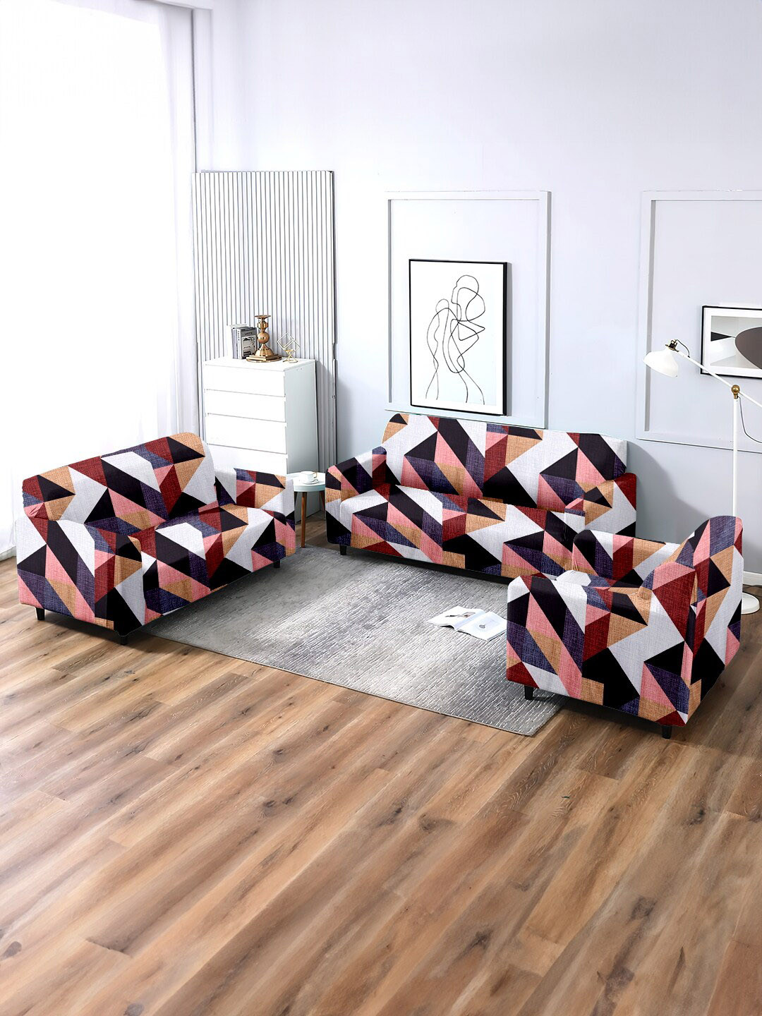 Cortina White & Pink 3 Pieces Printed One & Three Seater Skirt Sofa Covers