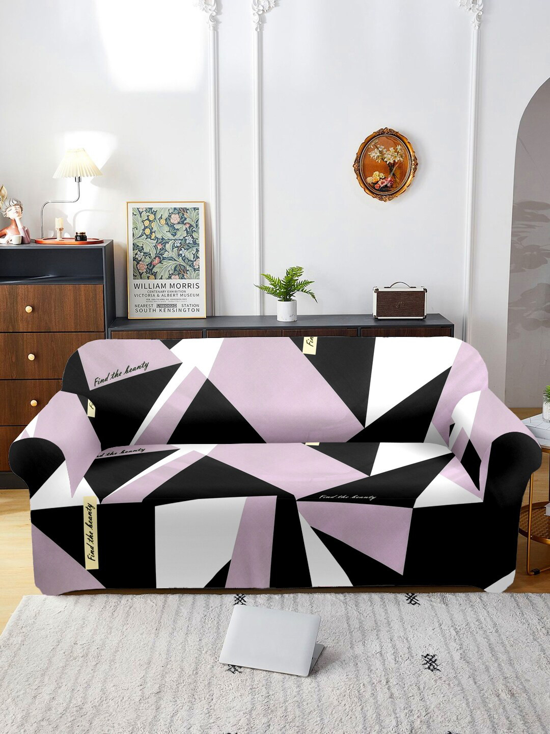 Cortina Purple & Black Printed Stretchable 3-Seater Sofa Cover