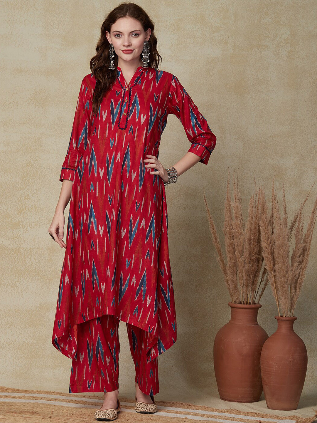 FASHOR Red Ethnic Motifs Printed Pure Cotton Ikat A-Line Kurta With Palazzo
