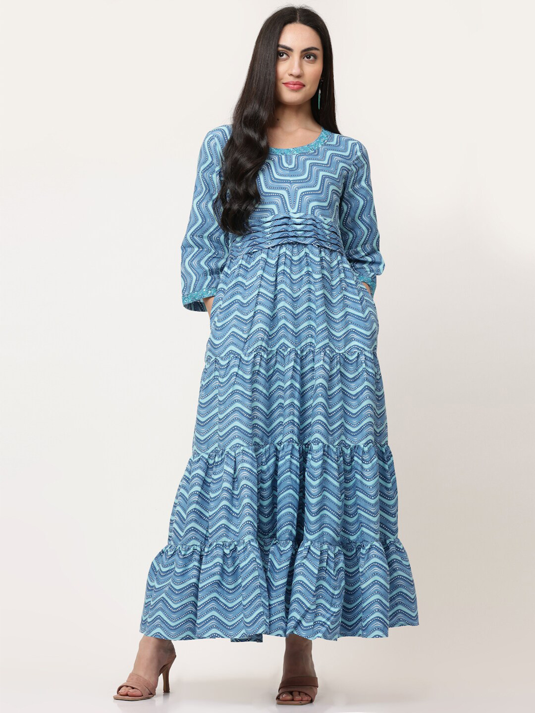 SAVI Abstract Printed Cotton Fit and Flare Maxi Ethnic Dress
