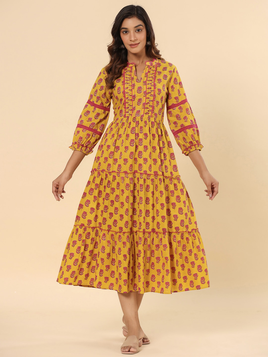 SAVI Mustard Floral Printed Cotton Ethnic Tier Dress