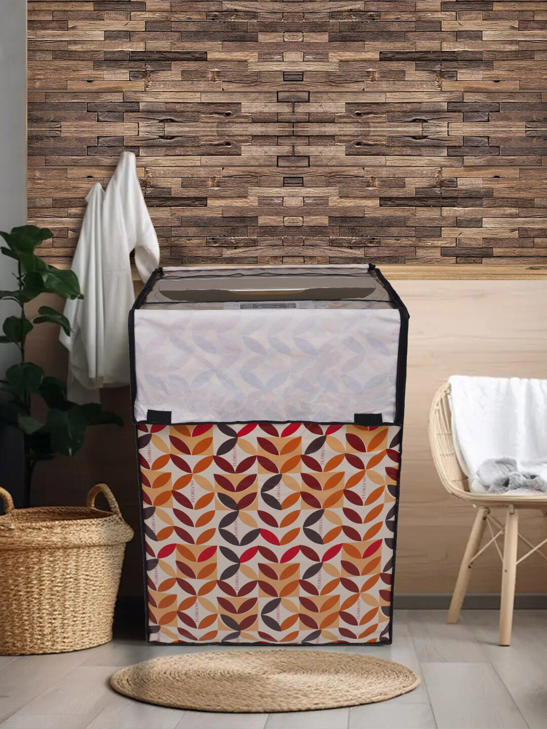 DREAM CARE Coffee Brown & White Printed Waterproof Washing Machine Cover
