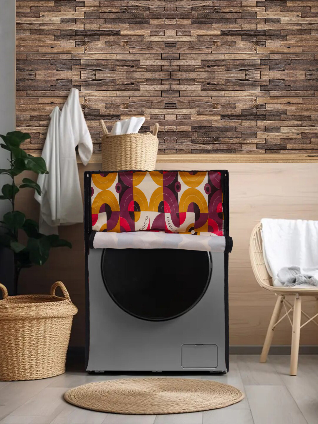 DREAM CARE Cream-Coloured & Yellow Printed Waterproof Front Load Washing Machine Cover