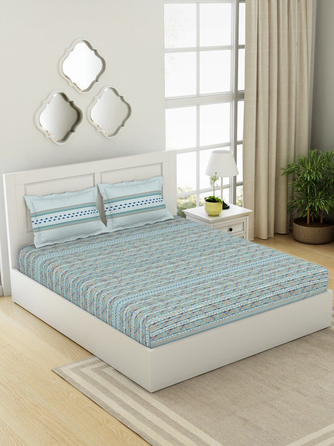 SPACES Gypsy Blue Striped Cotton 144 TC Queen Fine Bedsheet with 2 Pillow Covers-88 x 108 inches