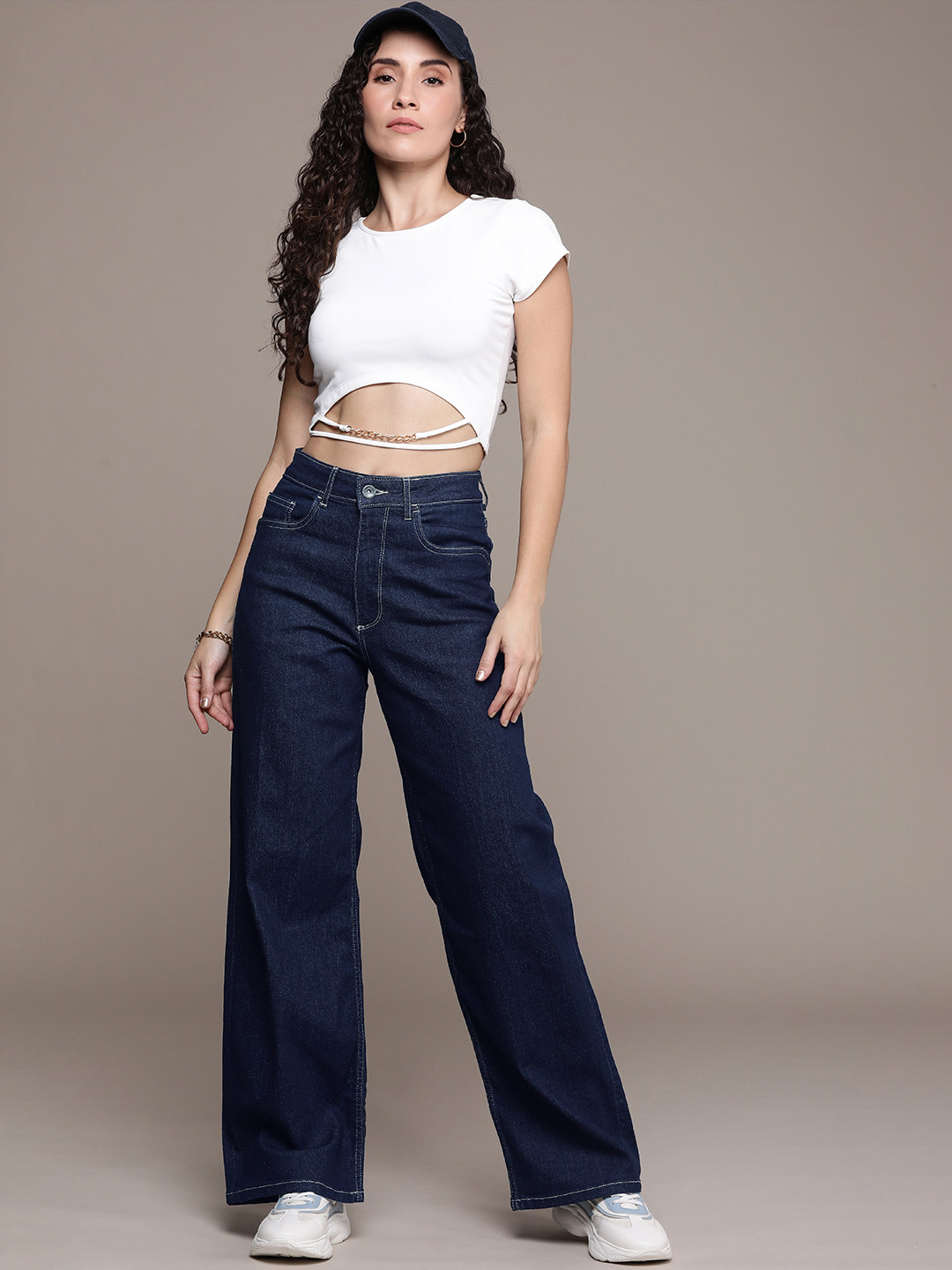 The Roadster Life Co. Women Baggy Blue Wide Leg High-Rise Stretchable Jeans