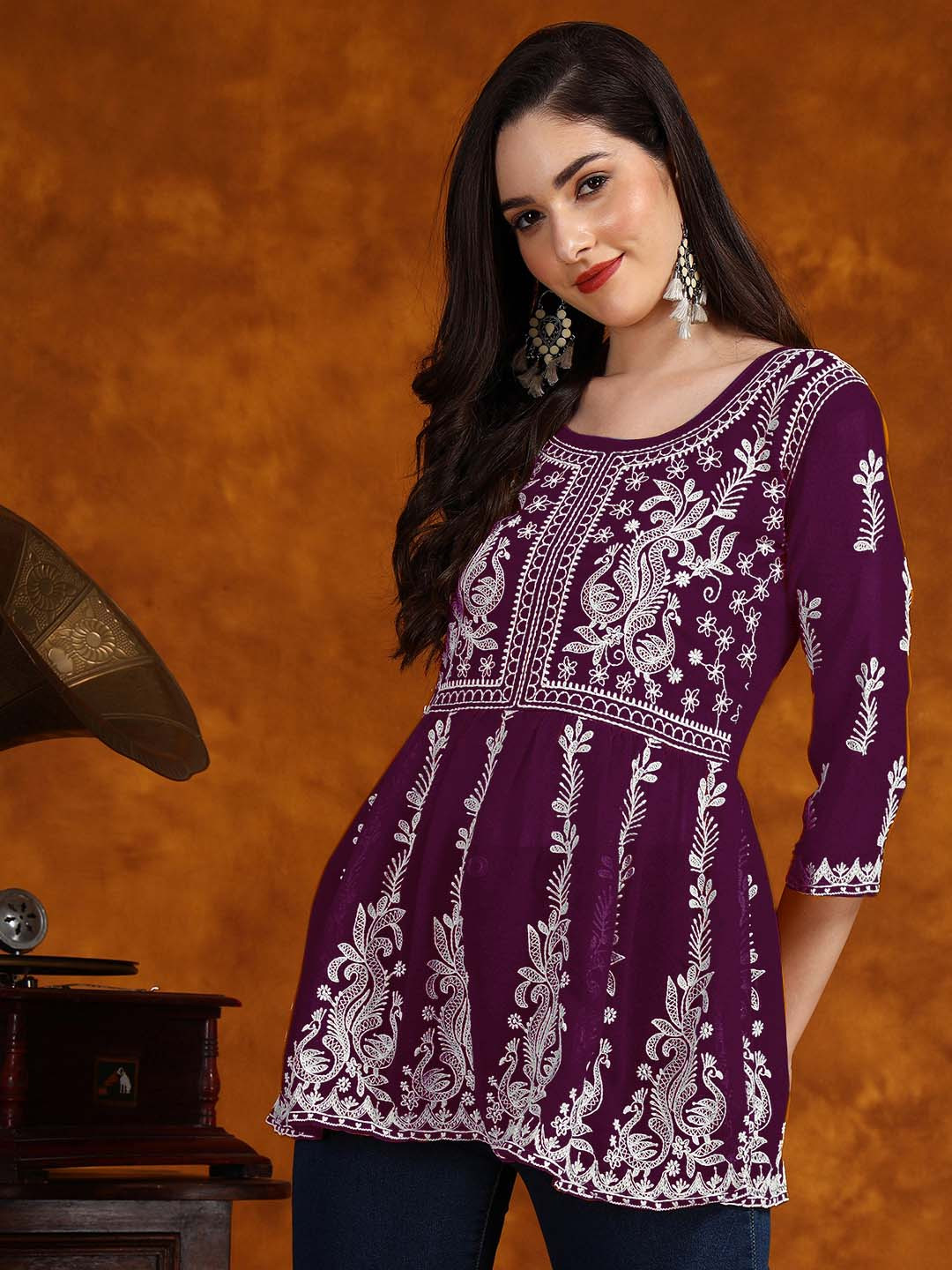 HERE&NOW Purple Chikankari Embroidered A-Line Short Kurti