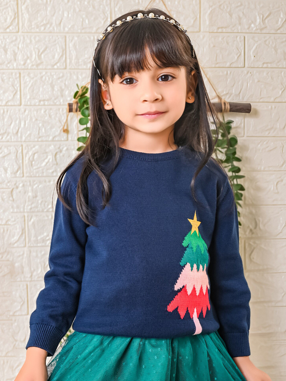 Beebay Girls X-Mas Tree Graphic Printed Cotton Pullover Sweater