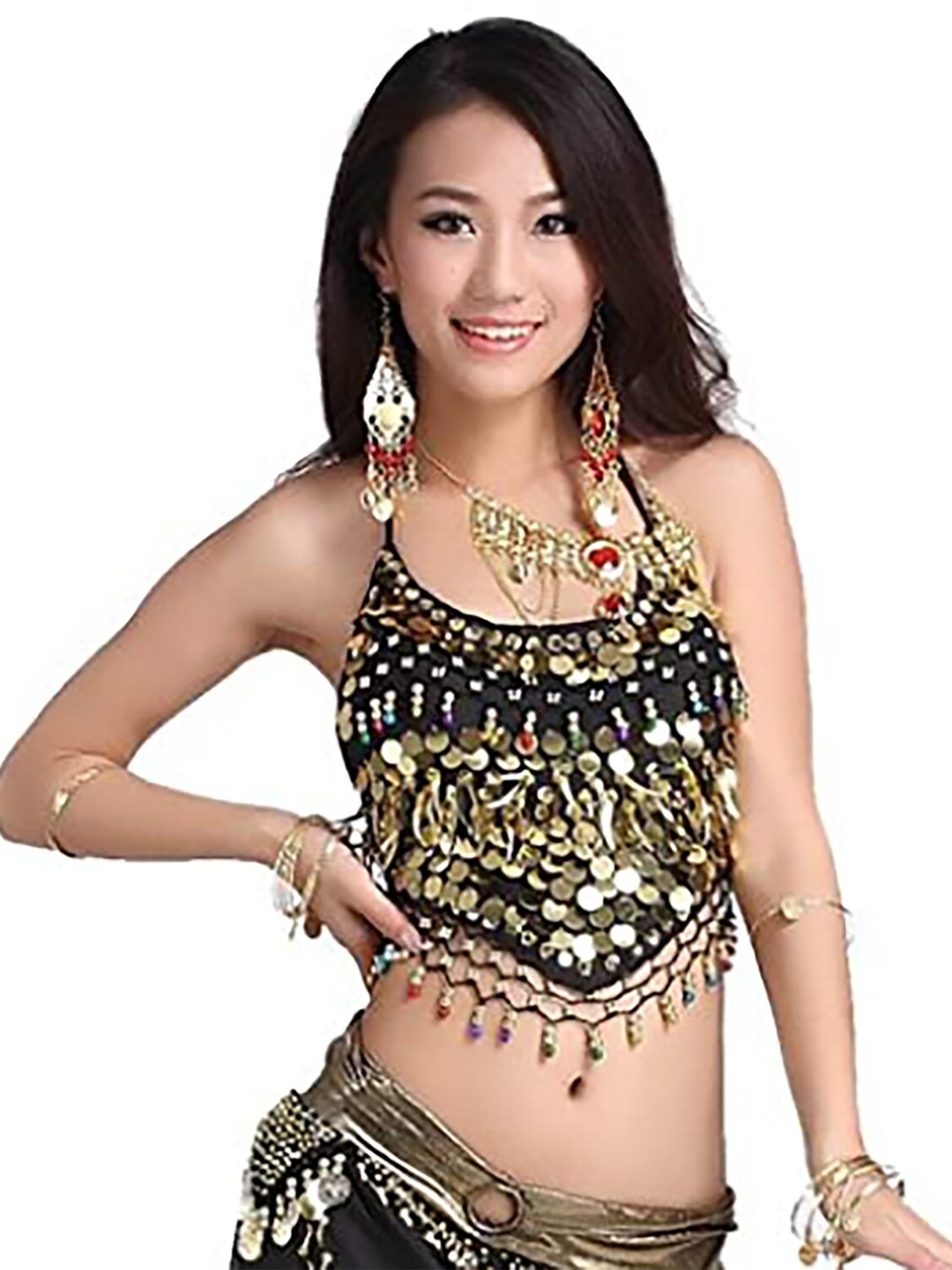 JENNA Lady's Embellished Halter Neck Sequined Crop Bralette Top With Chest Pad Coins