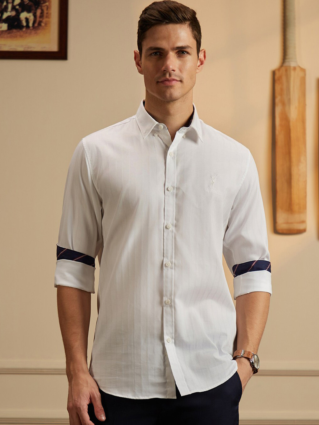 Peter England Casuals Men White Slim Fit Striped Cricket Inspired Casual Cotton Shirt