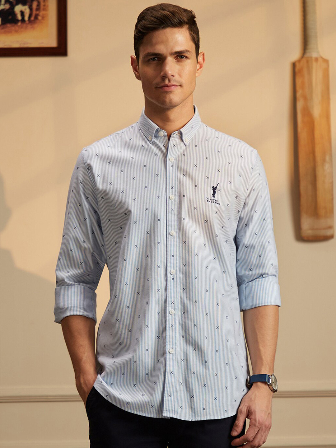 Peter England Casuals Geometric Button-Down Collar Cotton Cricket Inspired Casual Shirt
