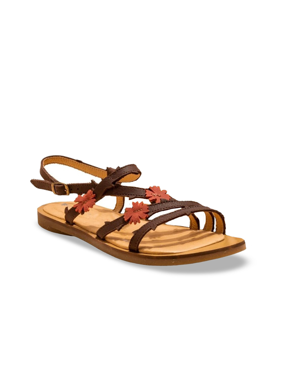 El Naturalista Embellished Leather Open Toe Flats With Buckle Closure