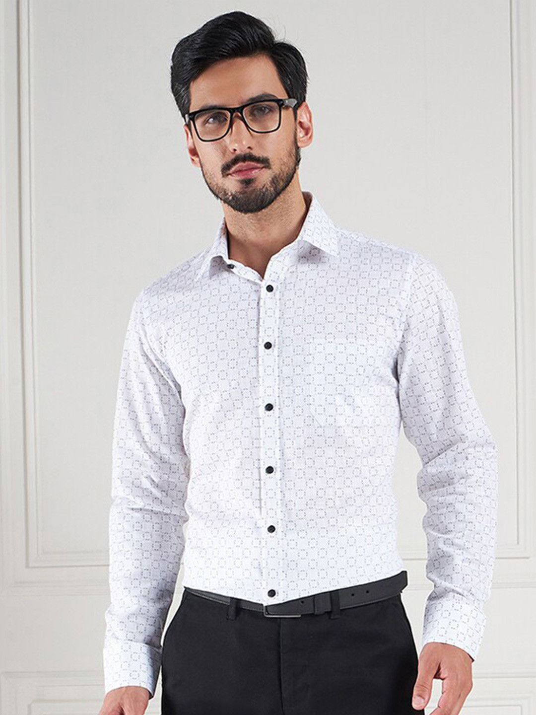 LOUIS STITCH Comfort Micro Ditsy Printed Spread Collar Long Sleeves Cotton Formal Shirt