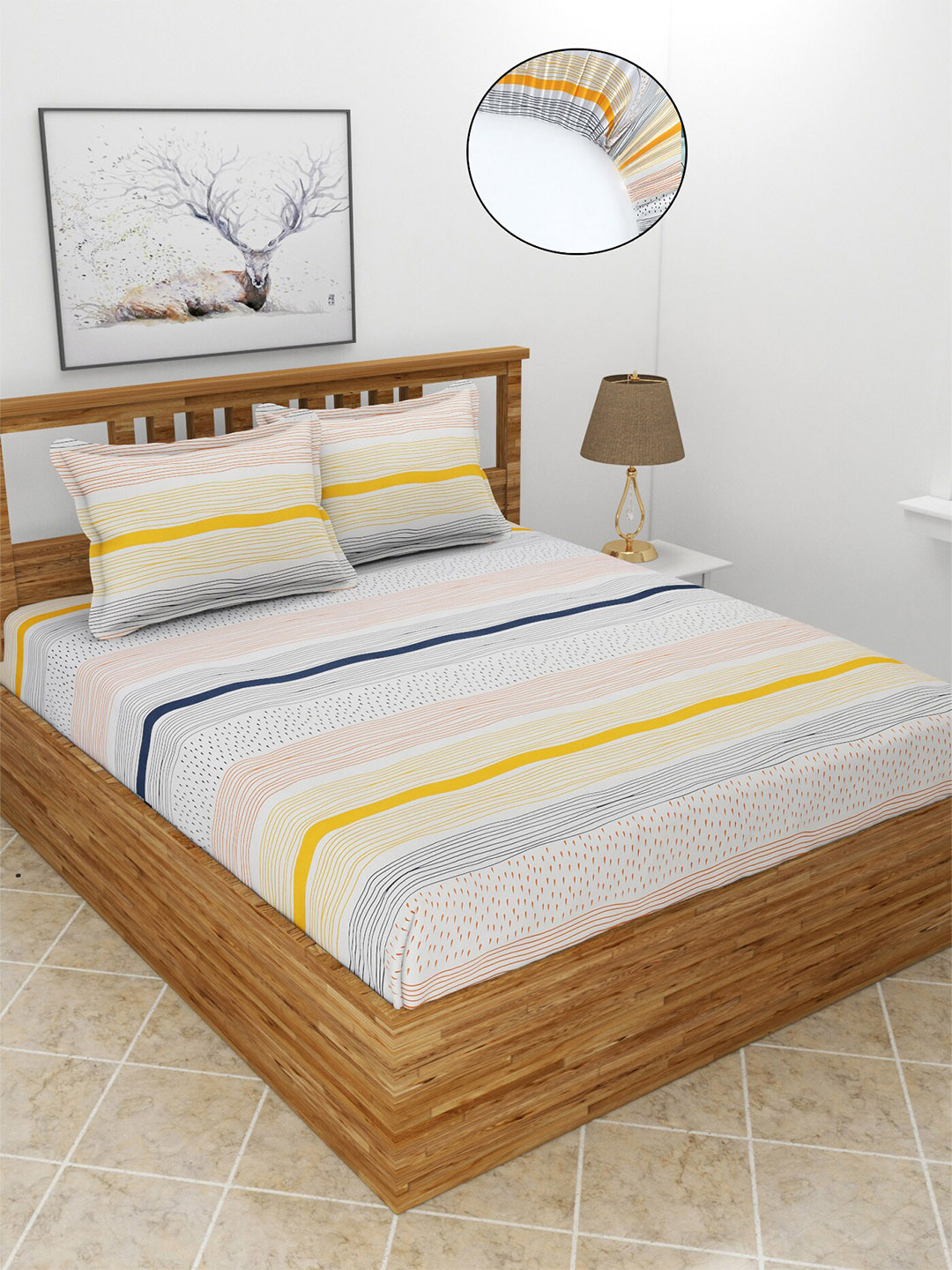 BREVARD Mallow White Striped Polycotton 210 TC Fitted King Fine Bedsheet with 2 Pillow Covers-198 x 182 x 25 cm