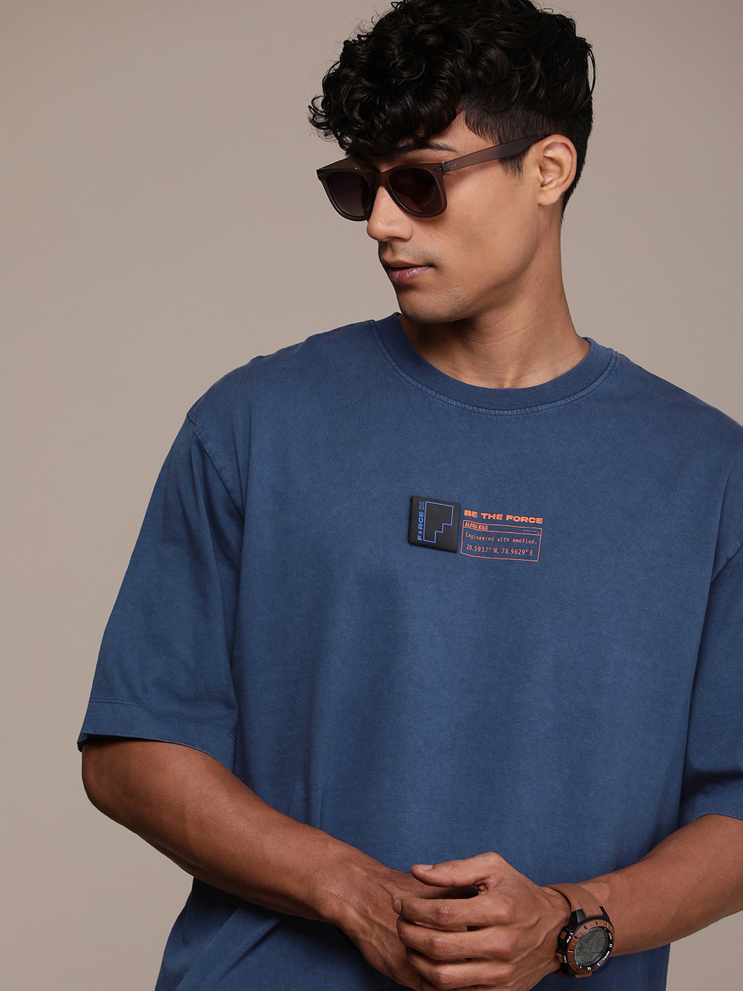 FORCE IX Typography Printed Drop-Shoulder Sleeves Pure Cotton T-shirt