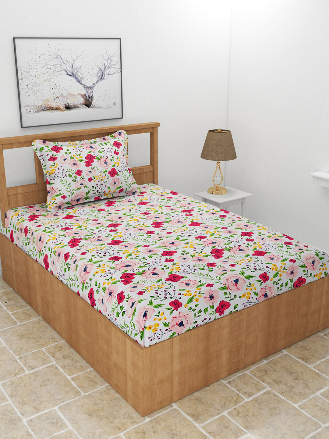 BREVARD Snowd Pink Floral Polycotton Skin-Friendly 210 TC Single Fine Bedsheet with a Pillow Cover-90 x 59 inches